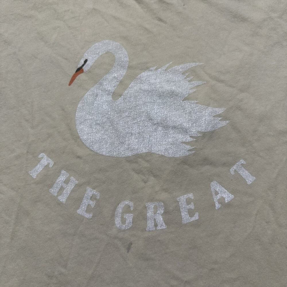 THE GREAT. Beige Cotton Tee with White Swan Graphic - Picture 3 of 13